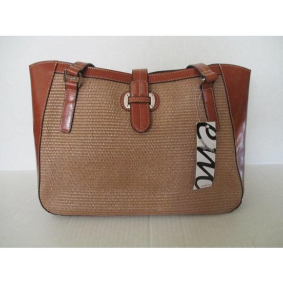*Emilie M Woven Straw Brown Faux Leather Tote